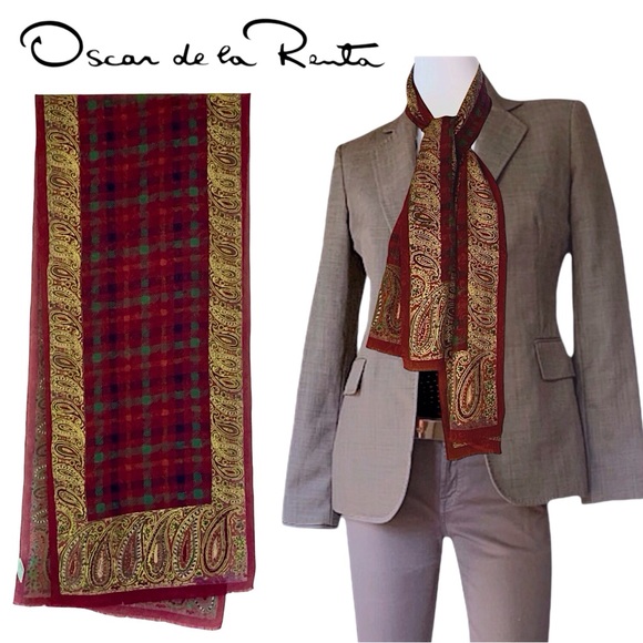 Oscar de la Renta vintage silk houndstooth scarf, with metallic gold paisley - Picture 1 of 13